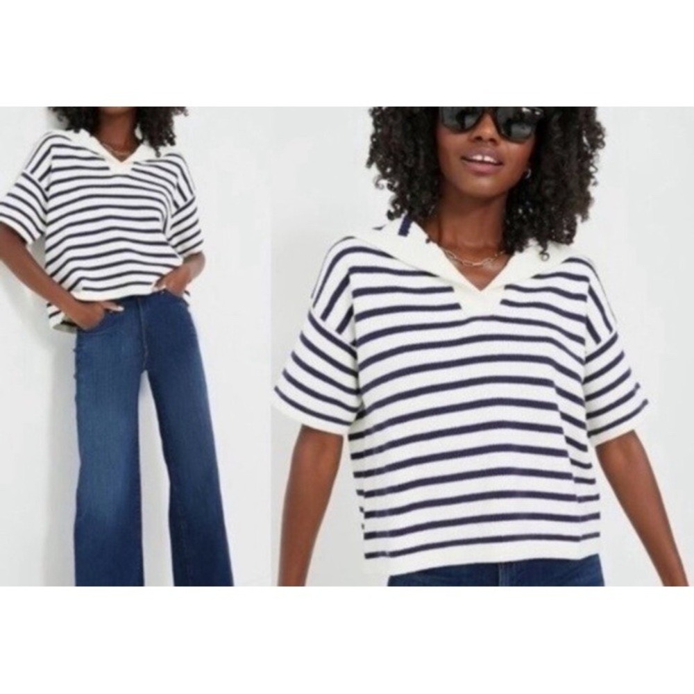 TUCKERNUCK Ivory Navy Stripe Claire Sweater Sz XS NEW Preppy Nautical July 4th - Picture 2 of 7